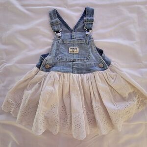Oshkosh B'Gosh Dress Girls 12M Overall Denim White Eyelet Jumper Cute Preppy